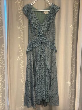 Anthropologie Dusty Blue Lace Midi Dress with Ruffle Detail